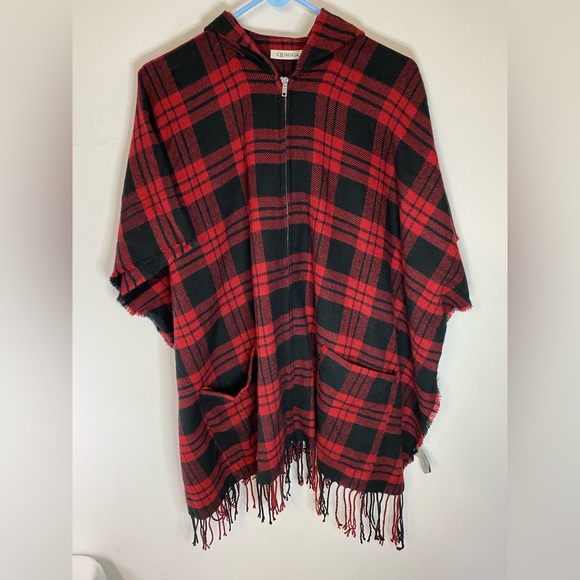 Quagga Red Buffalo Check Tartan Plaid Fringe Boho Cape Pancho. OSFM - Picture 1 of 5
